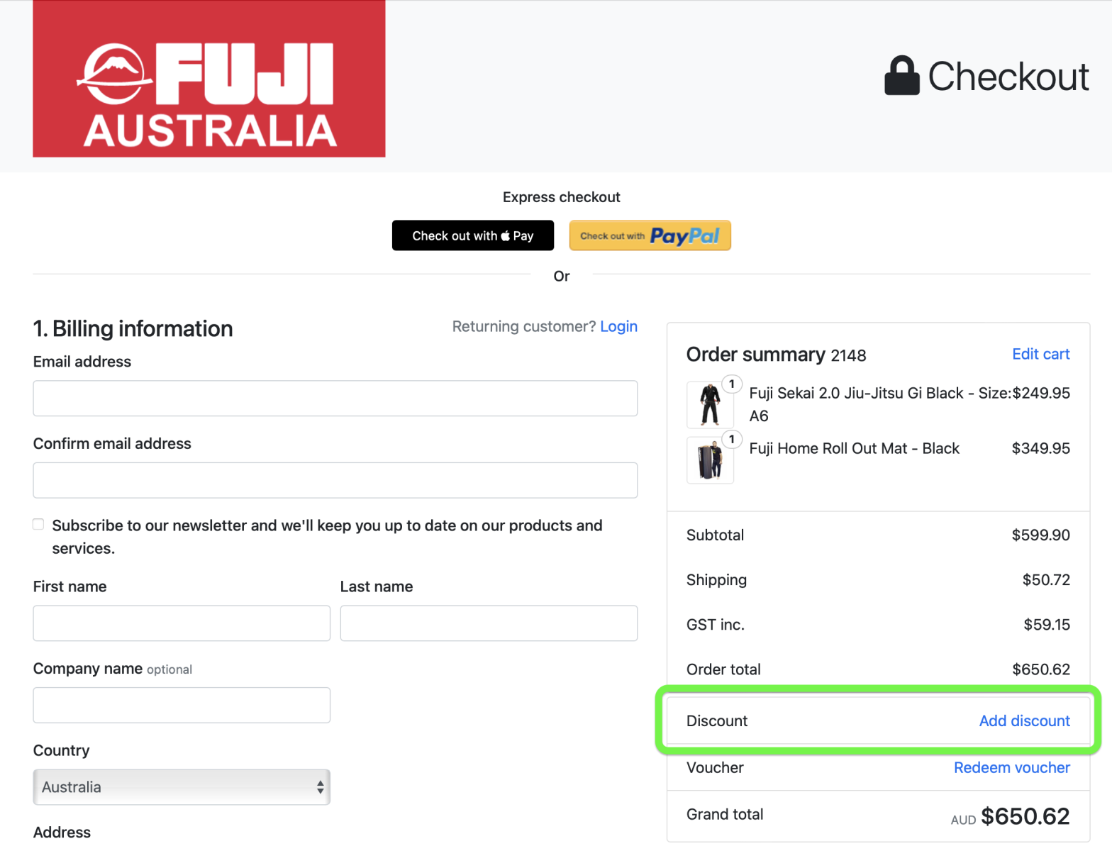Adding a discount code to Fuji Sports Australia