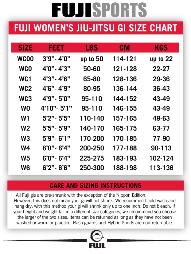 Fuji Rash Guard Size Chart